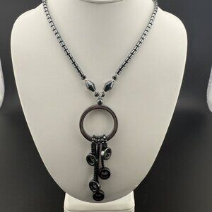 Black‎ Hematite Beaded Necklace With Circular Pendant & Dangling Bead Accents